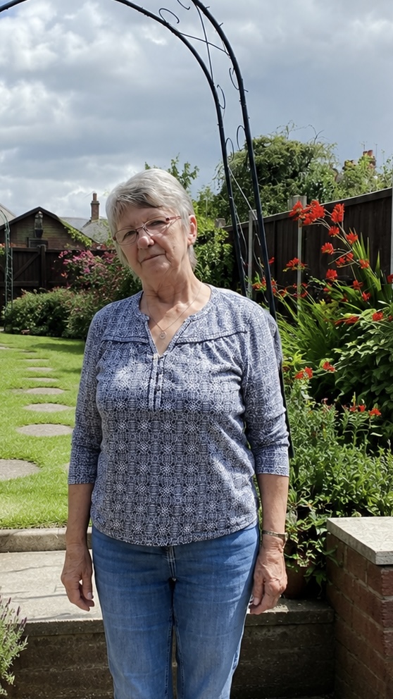 Pauline standing in her garden — the inspiration for our gardening service